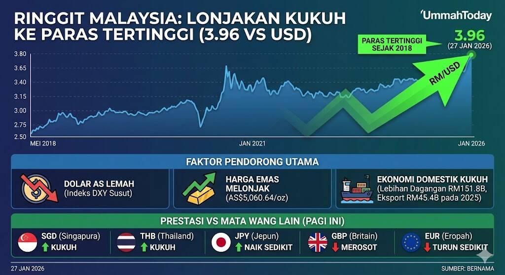 Ringgit Terus Mengukuh, Dibuka Pada Paras 3.96 Berbanding Dolar AS