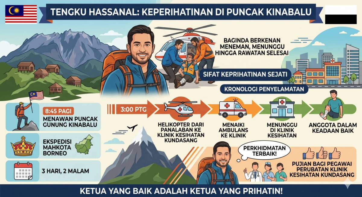 Sifat Keprihatinan Tengku Hassanal: Iringi Anggota Rombongan Cedera di Gunung Kinabalu