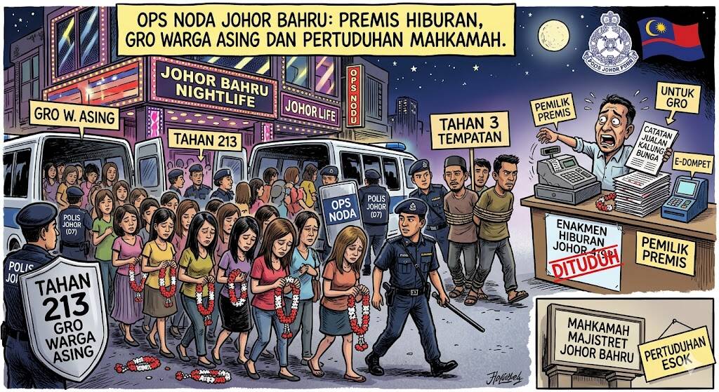 Ops Noda: 213 GRO Warga Asing dan Tiga Lelaki Tempatan Ditahan di Johor Bahru