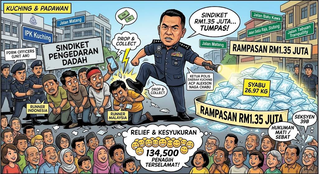 Sindiket Dadah Tumpas Di Kuching, Syabu Bernilai RM1.35 Juta Dirampas